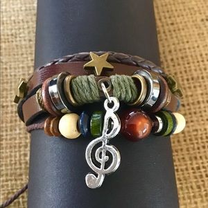 Brown Leather Beaded Adjustable Bracelet w/Charm